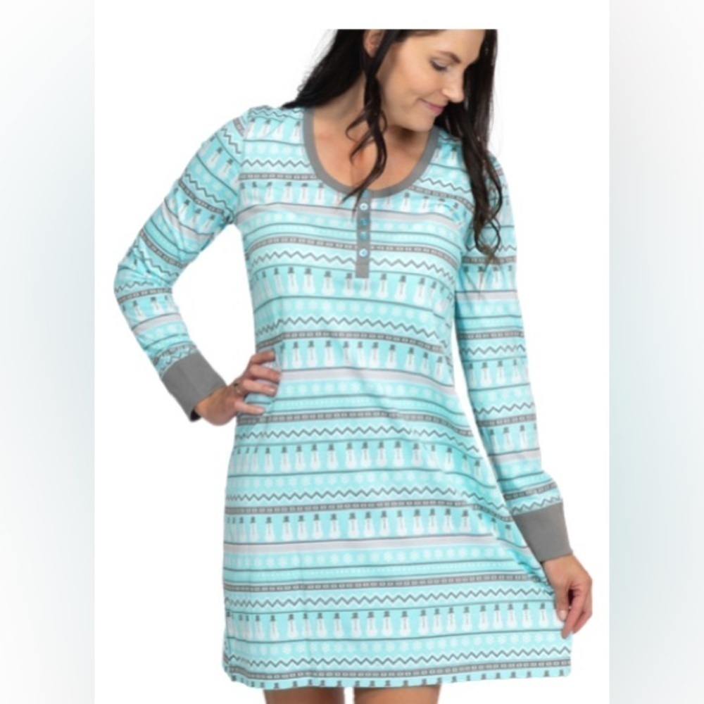 LAZY ONE Pajama Long Sleeve Shirt Nordic Snowman Christmas Print Light Blue S/M - Picture 4 of 5